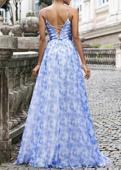 Elegant Blue Print Lace Up Chiffon Spaghetti Strap Dress Sleeveless