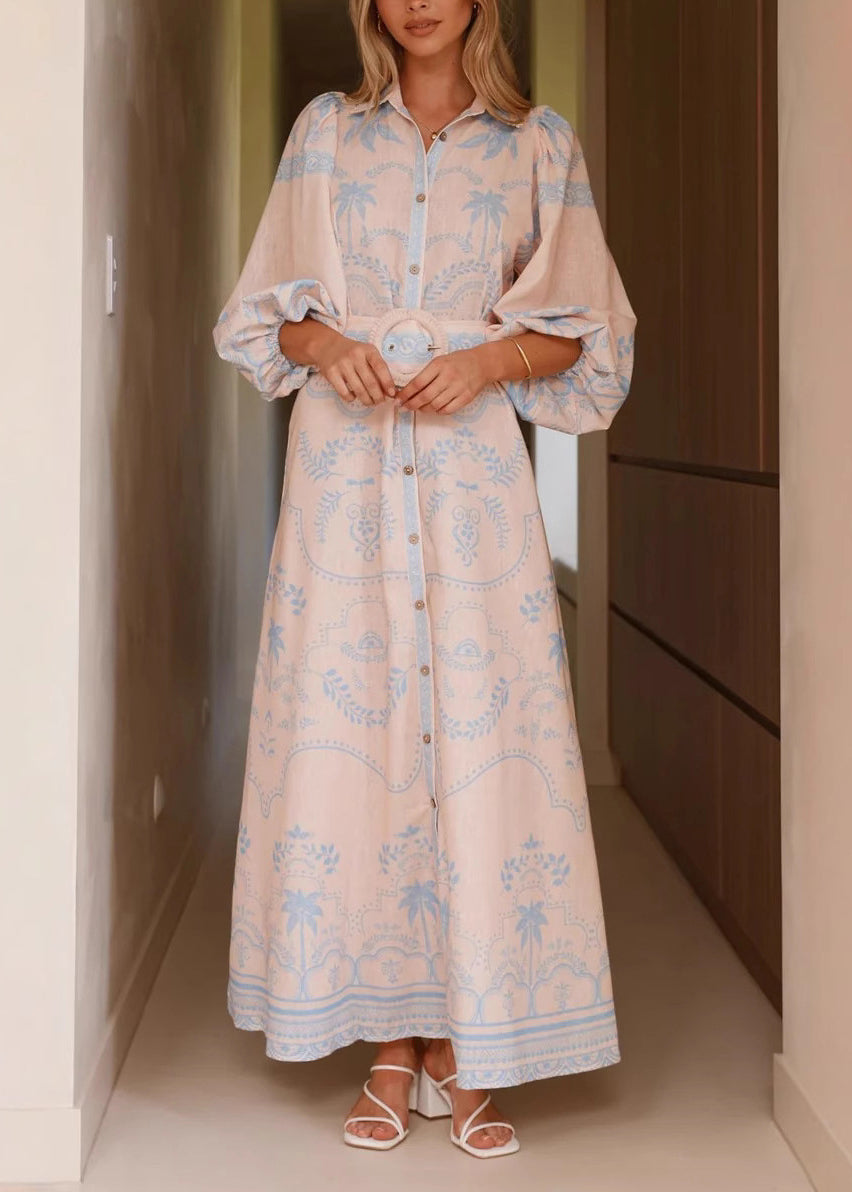 Elegant Blue Print Maxi Dresses Lantern Sleeve