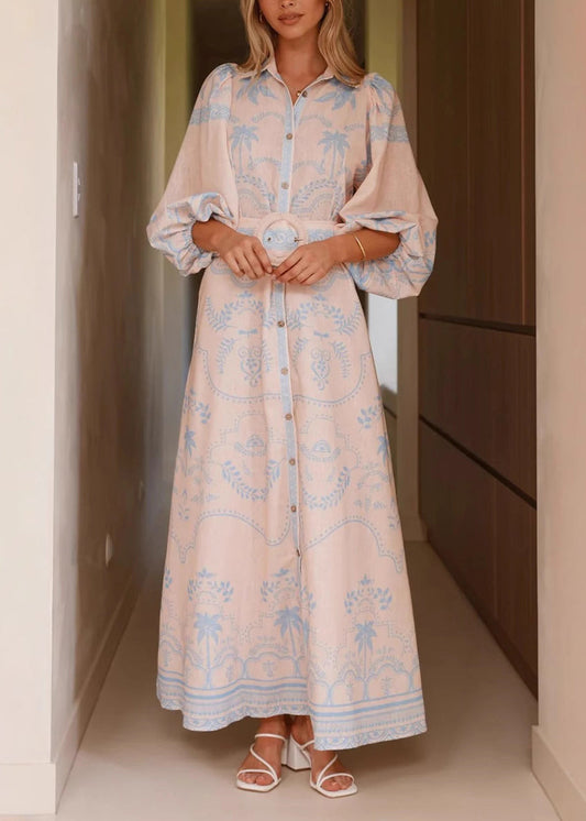 Elegant Blue Print Maxi Dresses Lantern Sleeve