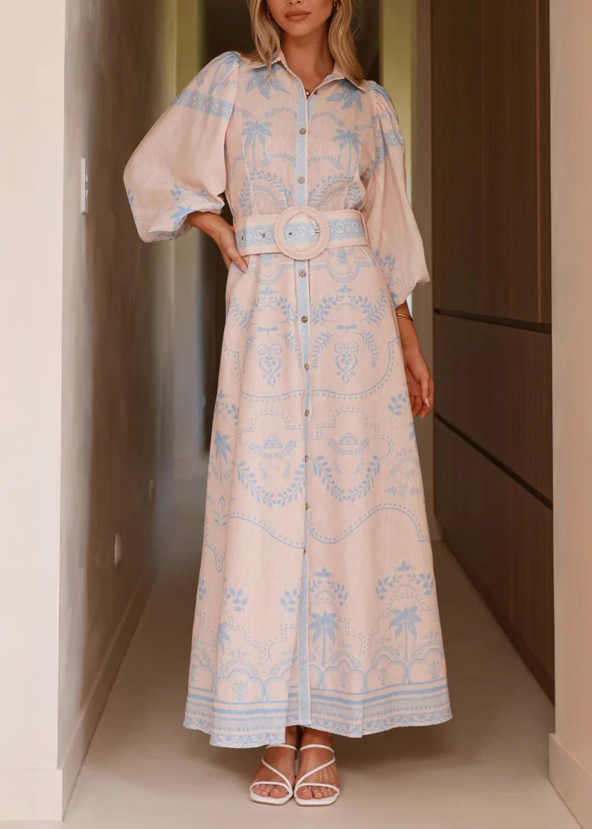 Elegant Blue Print Maxi Dresses Lantern Sleeve