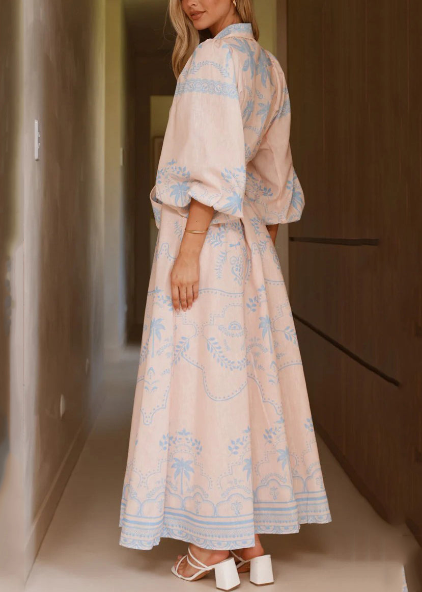 Elegant Blue Print Maxi Dresses Lantern Sleeve