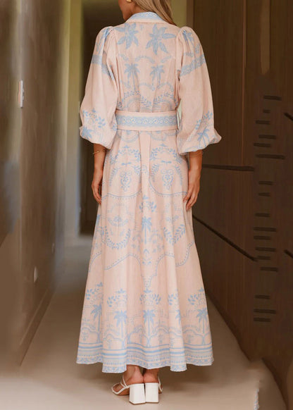 Elegant Blue Print Maxi Dresses Lantern Sleeve