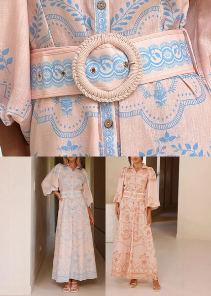 Elegant Blue Print Maxi Dresses Lantern Sleeve