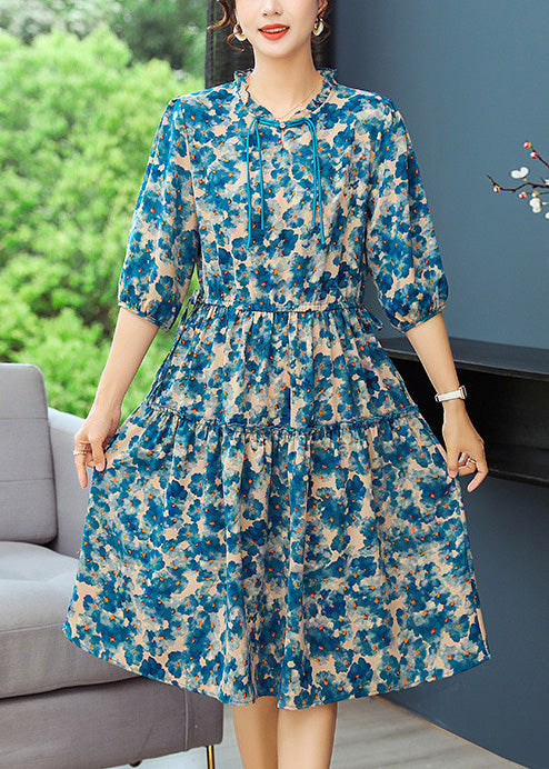Elegant Blue Print Tunic Dresses Ruffled Summer