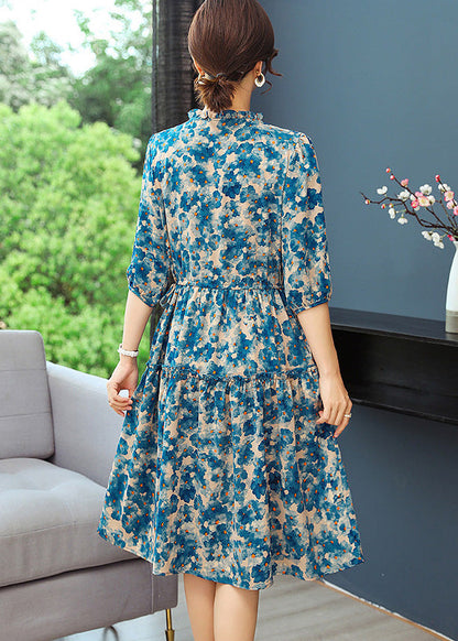 Elegant Blue Print Tunic Dresses Ruffled Summer