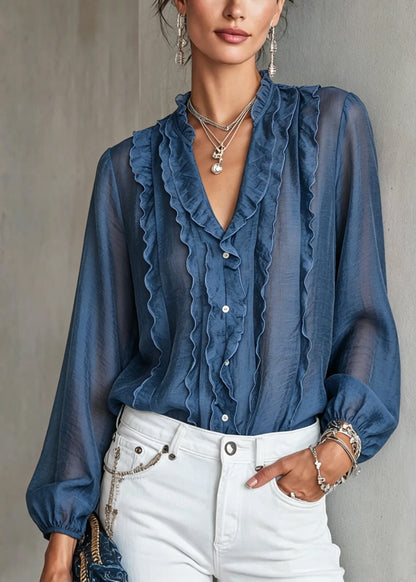 Elegant Blue Ruffled Patchwork Cotton Shirt Long Sleeve