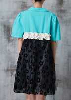 Elegant Blue Ruffled Patchwork Floral Spandex Dress Summer