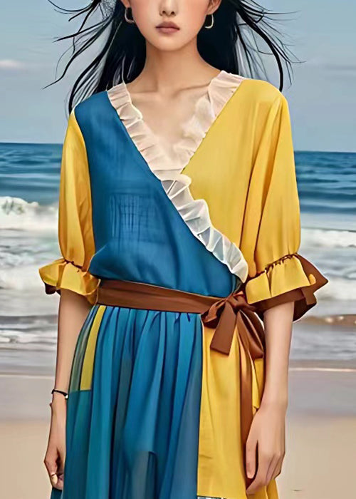 Elegant Blue Ruffled Tie Waist Patchwork Chiffon Dress Flare Sleeve