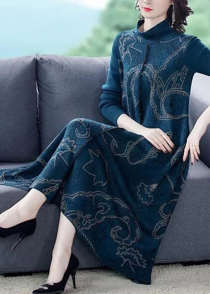 Elegant Blue Stand Collar Print Exra Large Hem cotton blend Knit Sweater Dress Winter