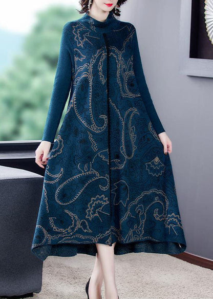 Elegant Blue Stand Collar Print Exra Large Hem cotton blend Knit Sweater Dress Winter
