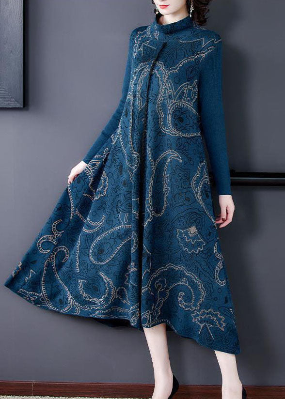 Elegant Blue Stand Collar Print Exra Large Hem cotton blend Knit Sweater Dress Winter