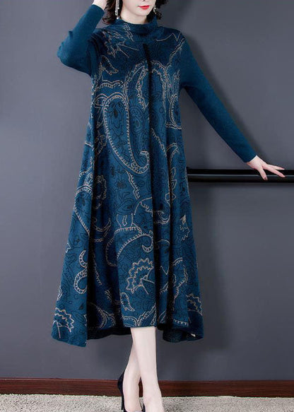 Elegant Blue Stand Collar Print Exra Large Hem cotton blend Knit Sweater Dress Winter