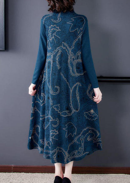 Elegant Blue Stand Collar Print Exra Large Hem cotton blend Knit Sweater Dress Winter