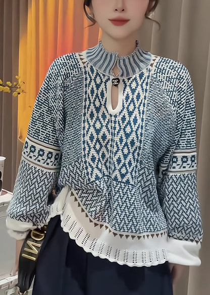 Elegant Blue Stand Collar Print Knit Sweater Spring