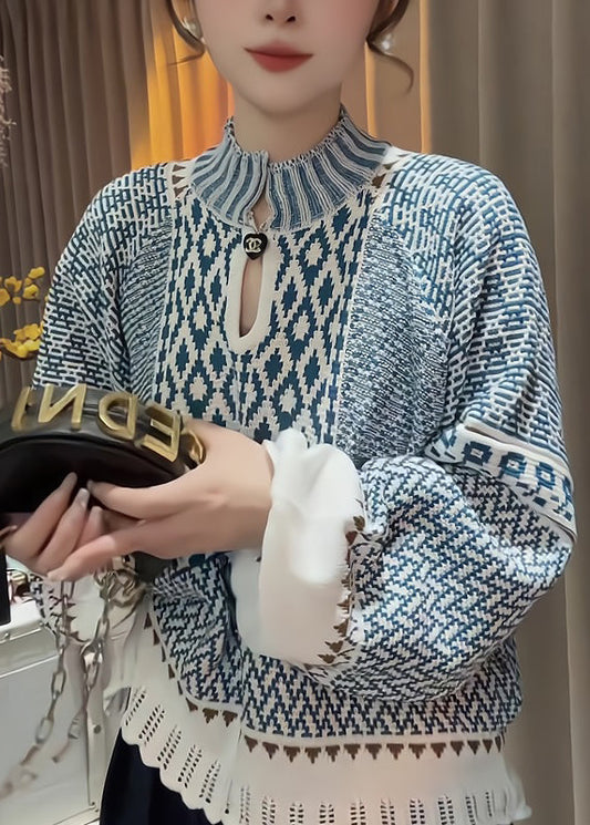 Elegant Blue Stand Collar Print Knit Sweater Spring