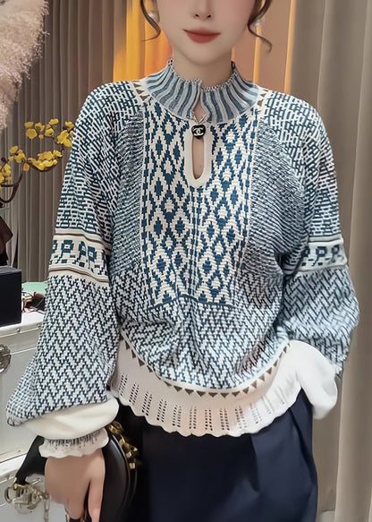 Elegant Blue Stand Collar Print Knit Sweater Spring