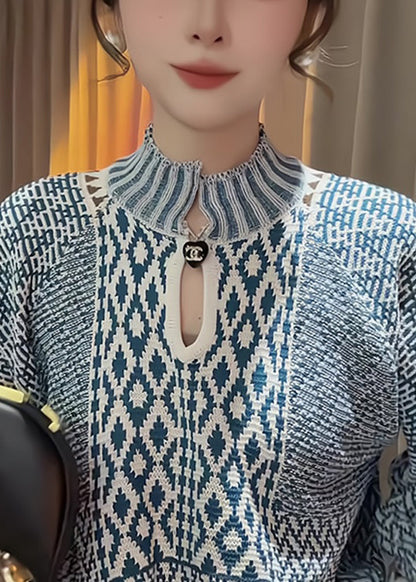 Elegant Blue Stand Collar Print Knit Sweater Spring