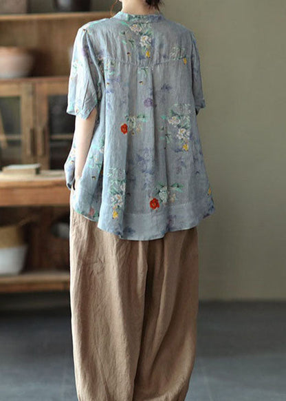 Elegant Colorful geometry Stand Collar Print Tops Half Sleeve