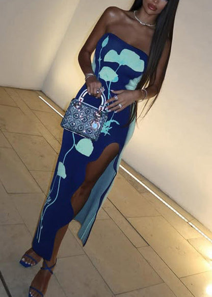 Elegant Blue Strapless Print Side Open Cotton Long Dress Sleeveless