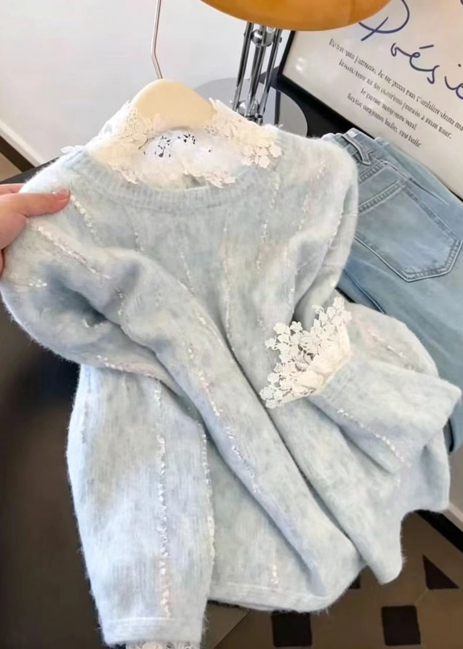 Elegant Blue Striped Knit Sweater And Lace Inner Two Pieces Set Long Sleeve