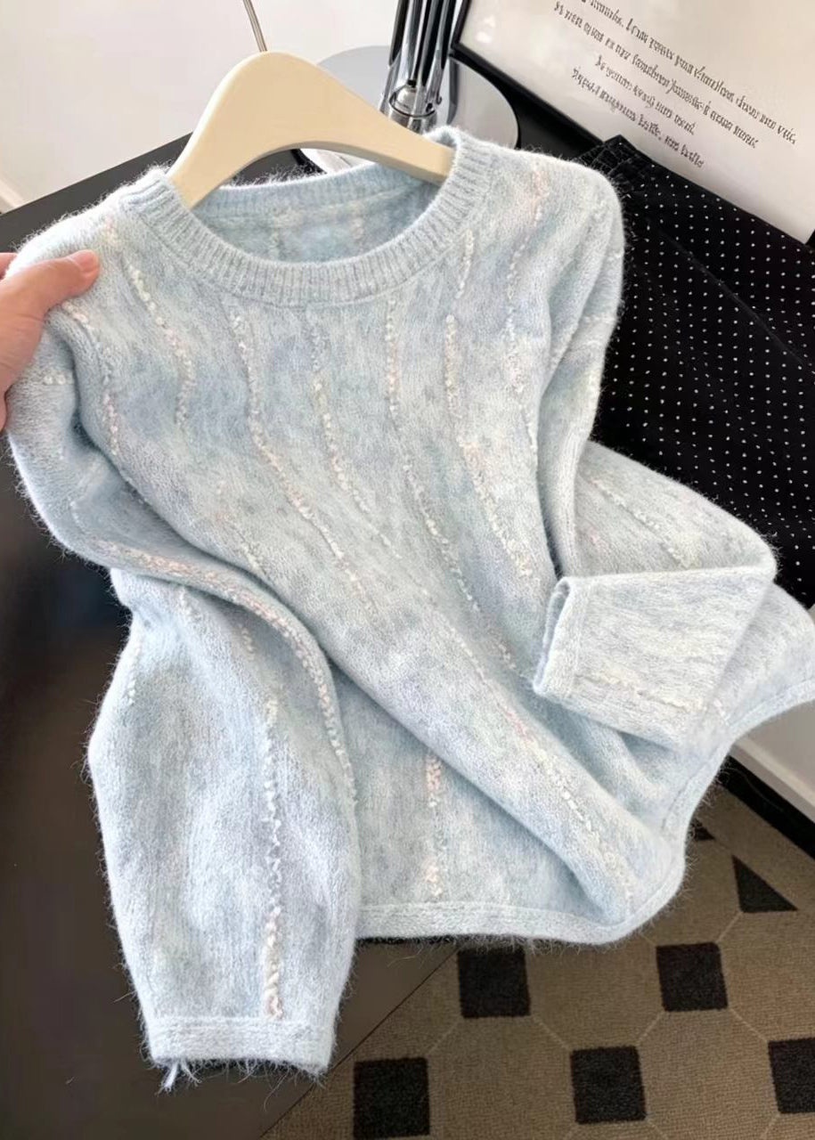 Elegant Blue Striped Knit Sweater And Lace Inner Two Pieces Set Long Sleeve