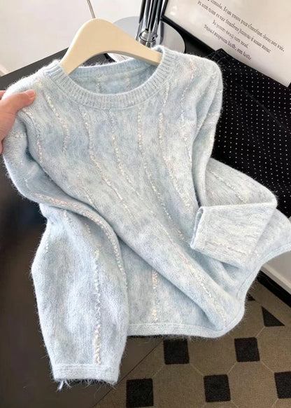 Elegant Blue Striped Knit Sweater And Lace Inner Two Pieces Set Long Sleeve