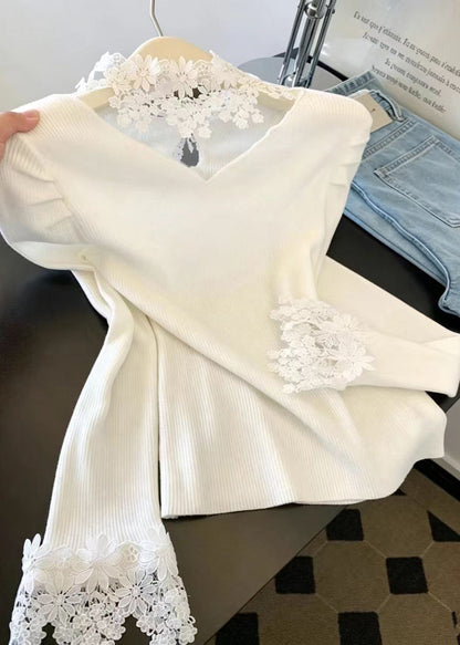 Elegant Blue Striped Knit Sweater And Lace Inner Two Pieces Set Long Sleeve