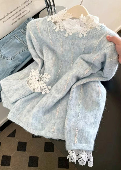 Elegant Blue Striped Knit Sweater And Lace Inner Two Pieces Set Long Sleeve