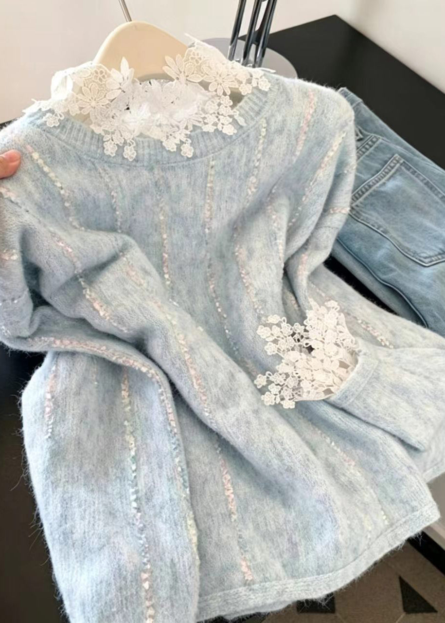 Elegant Blue Striped Knit Sweater And Lace Inner Two Pieces Set Long Sleeve
