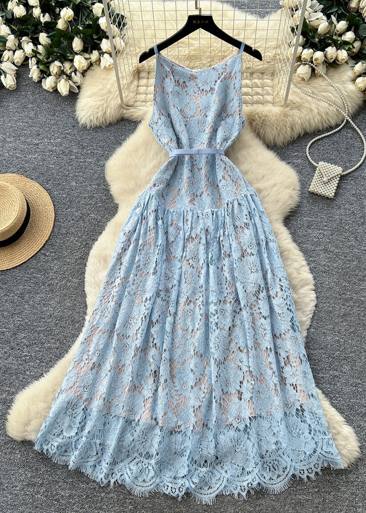 Elegant Blue Tunic Exra Large Hem Lace Spaghetti Strap Dress Summer