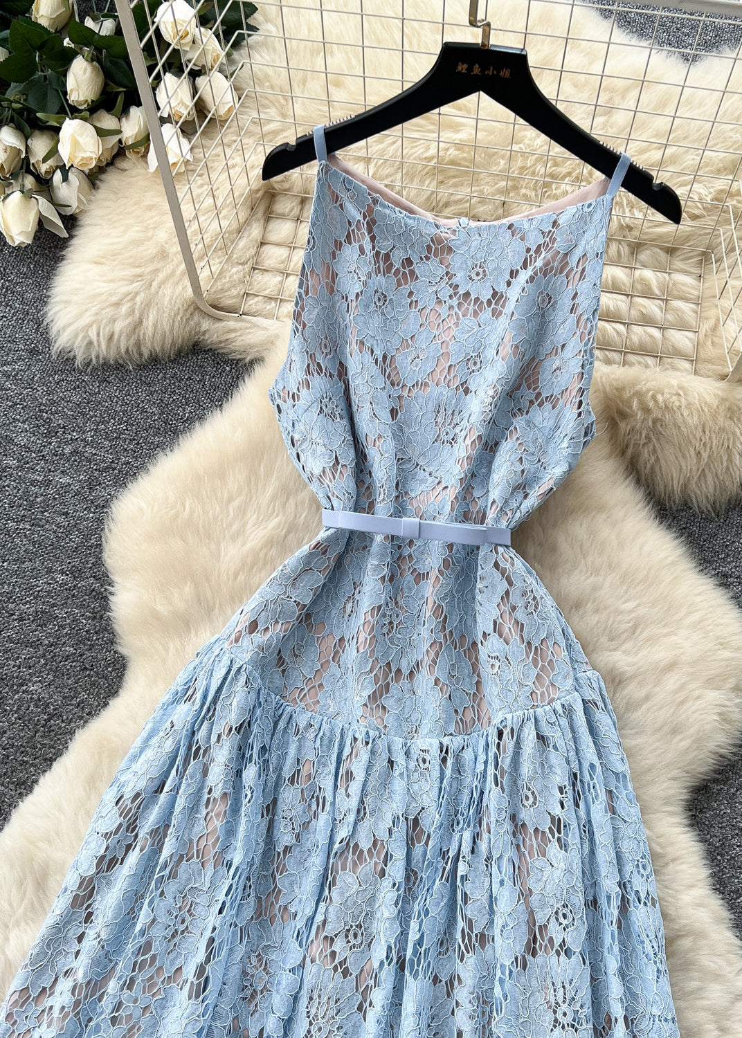Elegant Blue Tunic Exra Large Hem Lace Spaghetti Strap Dress Summer