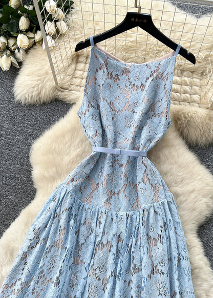 Elegant Blue Tunic Exra Large Hem Lace Spaghetti Strap Dress Summer