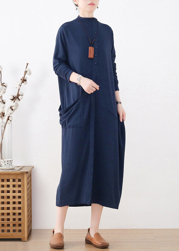 Elegant Blue Turtleneck Button Pockets Cotton Knit Dress Long Sleeve
