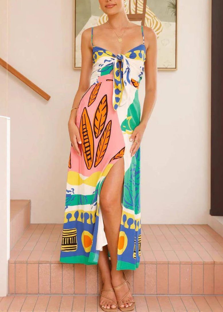 Elegant Blue V Neck Bow Side Open Long Dresses Sleeveless