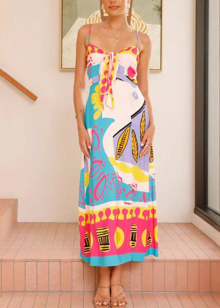 Elegant Blue V Neck Bow Side Open Long Dresses Sleeveless