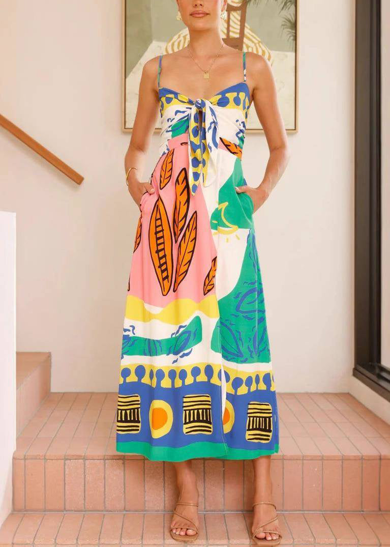 Elegant Blue V Neck Bow Side Open Long Dresses Sleeveless