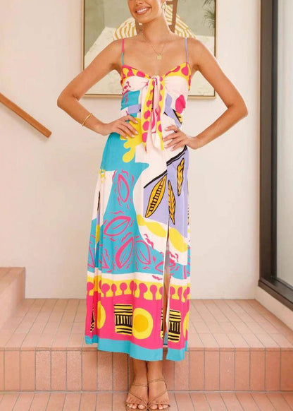 Elegant Blue V Neck Bow Side Open Long Dresses Sleeveless