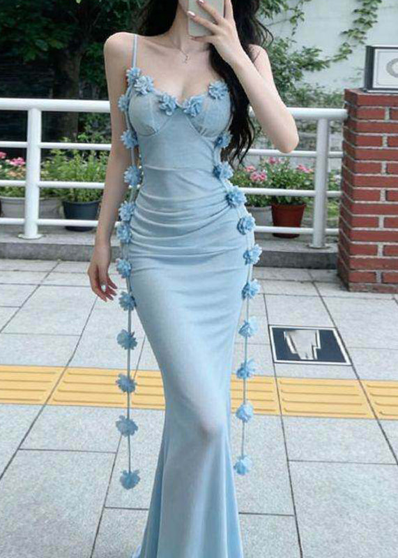 Elegant Blue V Neck Floral Long Spaghetti Strap Dress Summer