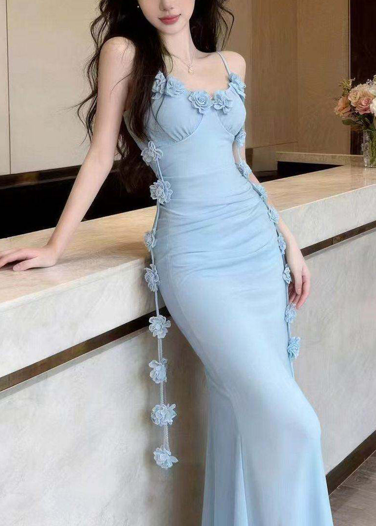 Elegant Blue V Neck Floral Long Spaghetti Strap Dress Summer