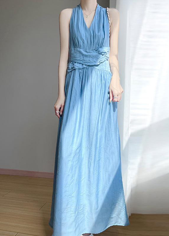Elegant Blue V Neck High Waist Cotton Long Dress Sleeveless