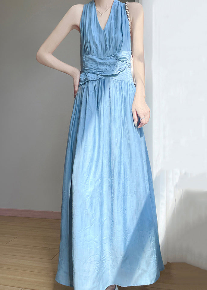 Elegant Blue V Neck High Waist Cotton Long Dress Sleeveless