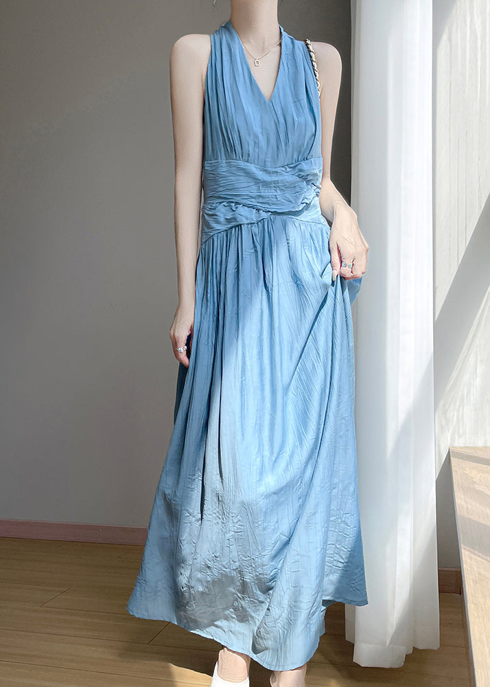 Elegant Blue V Neck High Waist Cotton Long Dress Sleeveless