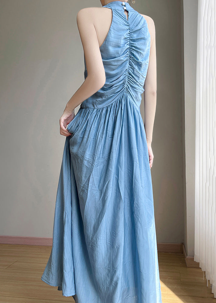 Elegant Blue V Neck High Waist Cotton Long Dress Sleeveless