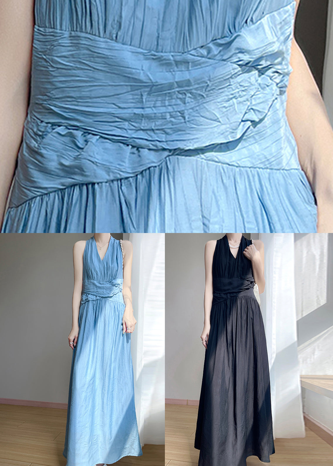 Elegant Blue V Neck High Waist Cotton Long Dress Sleeveless