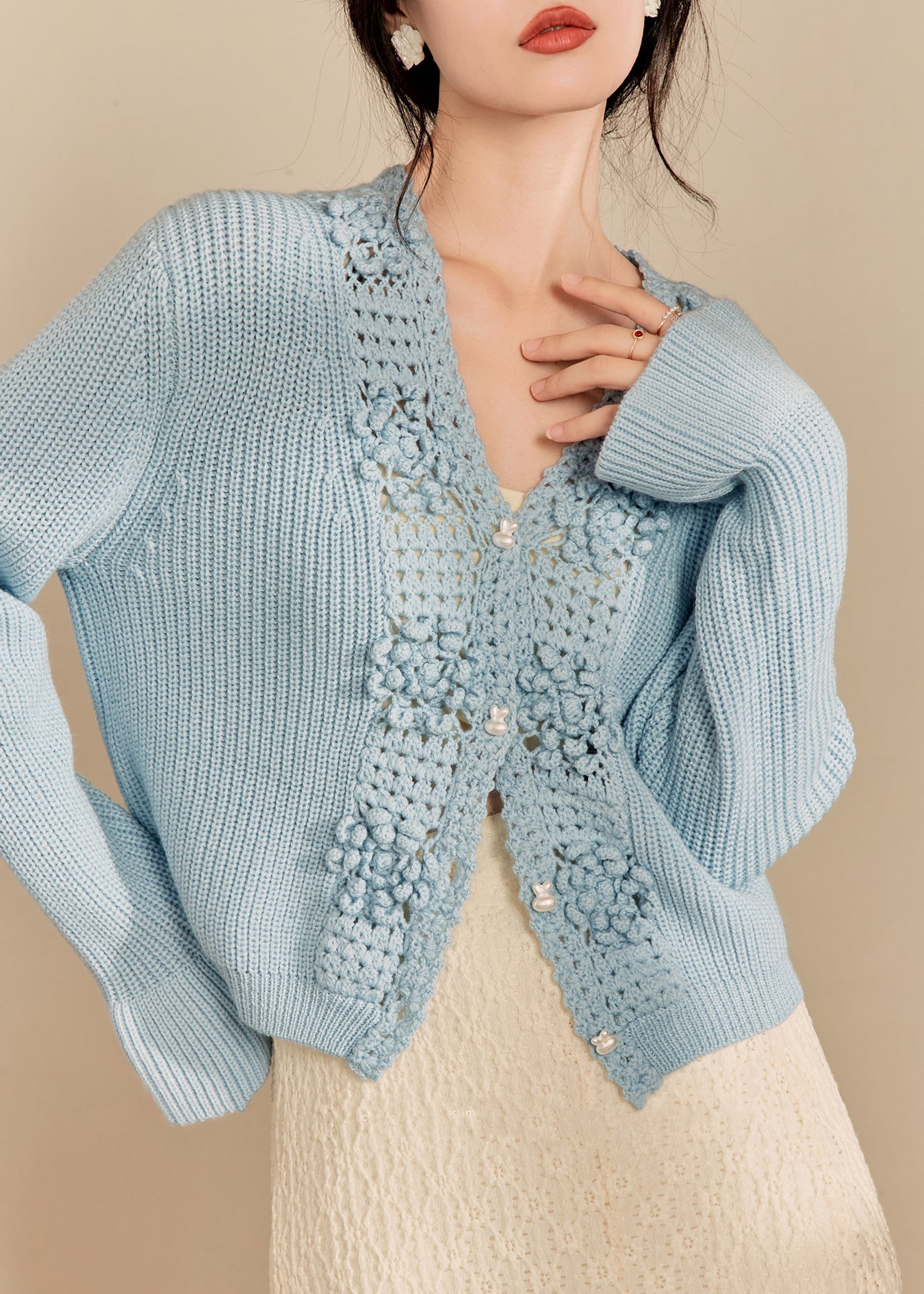 Elegant Blue V Neck Hollow Out Knit Cardigan Spring