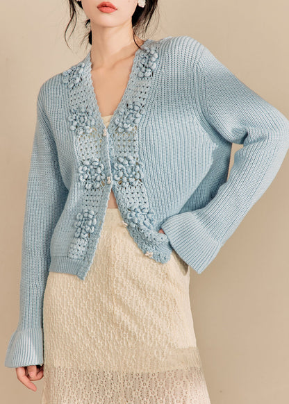 Elegant Blue V Neck Hollow Out Knit Cardigan Spring