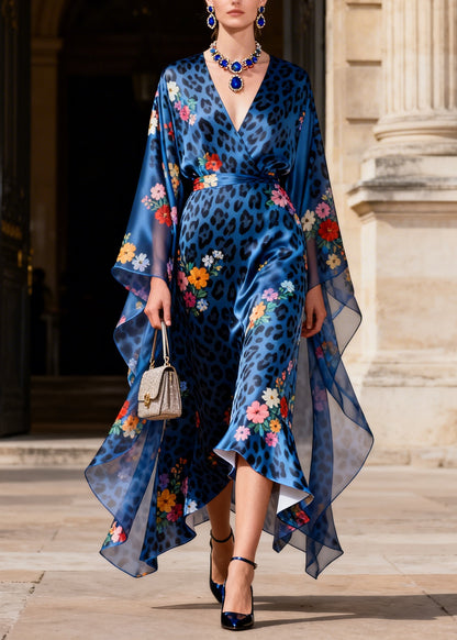 Elegant Blue V Neck Leopard Print Silk Long Dress Summer