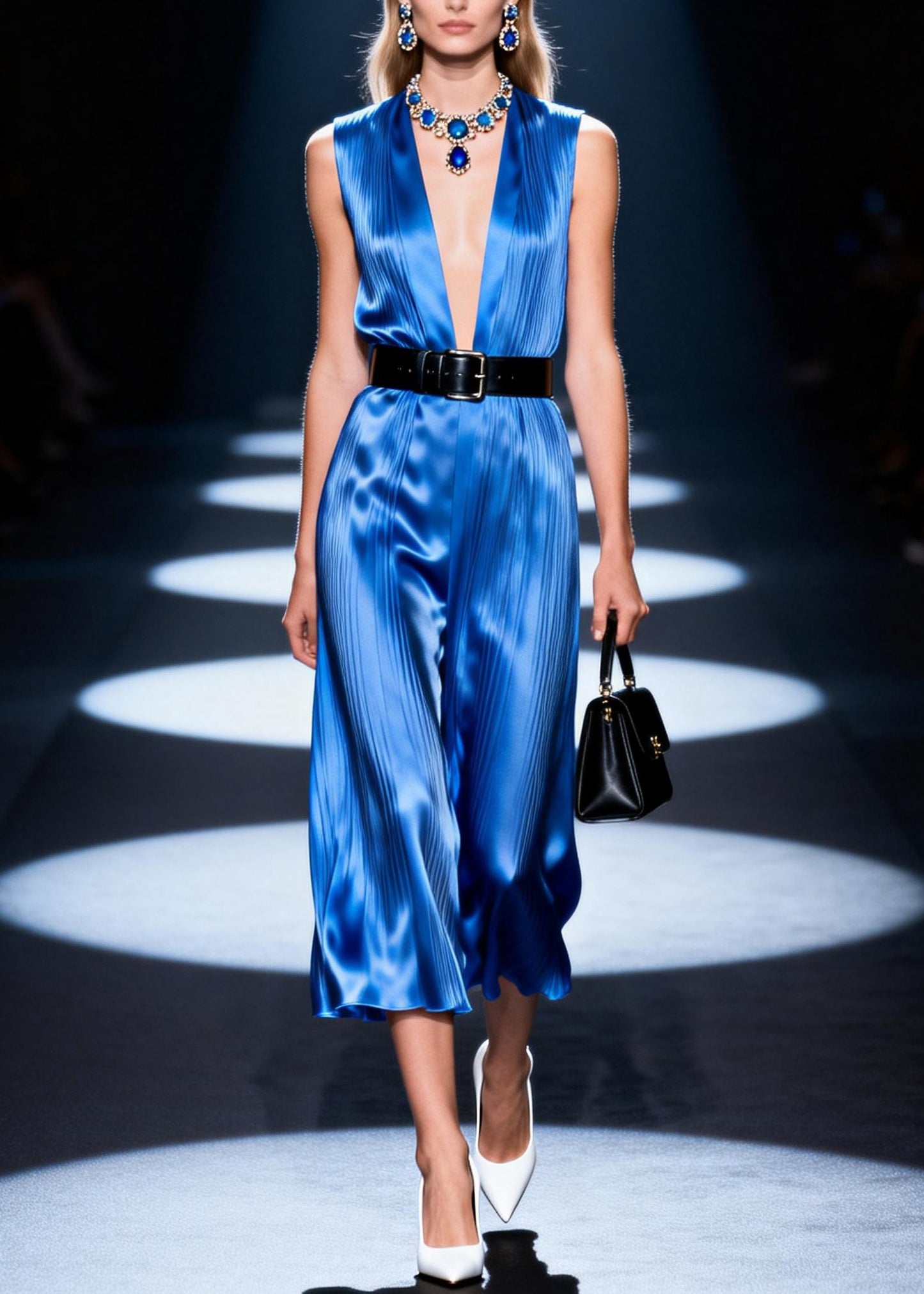 Elegant Blue V Neck Patchwork Silk Dress Sleeveless