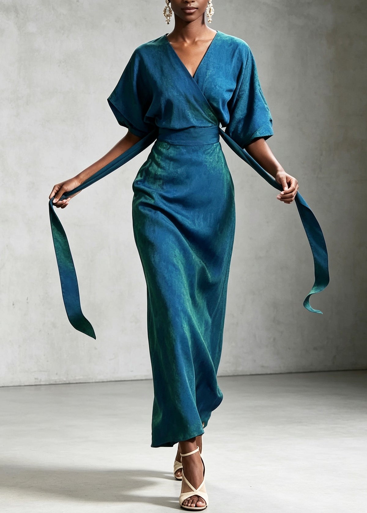 Elegant Blue V Neck Patchwork Tie Waist Silk Dress Summer