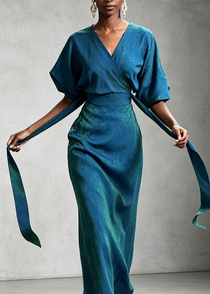 Elegant Blue V Neck Patchwork Tie Waist Silk Dress Summer
